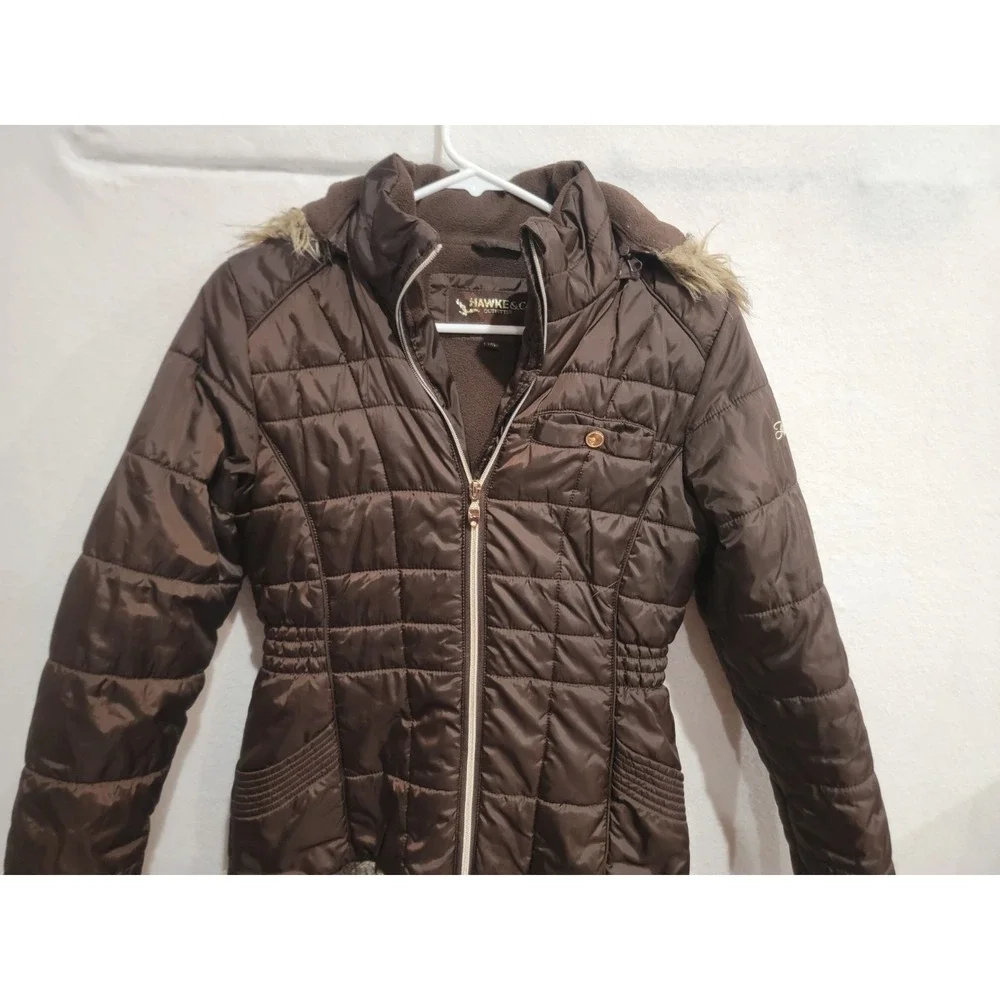 HAWKE & Co Girls Size 16 Brown Quilted Puffer Jacket Leopard Print Faux Fur Hood